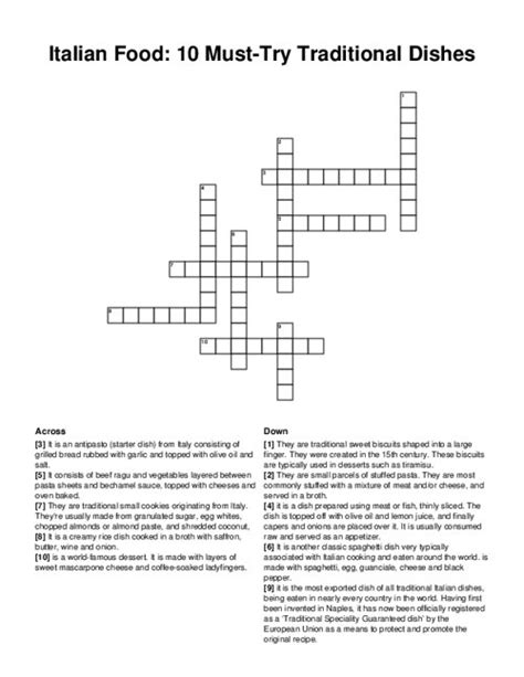 The Crossword Solver found 30 answers to "Indian rice based dish (7)", 7 letters crossword clue. . Italian rice dishes crossword clue